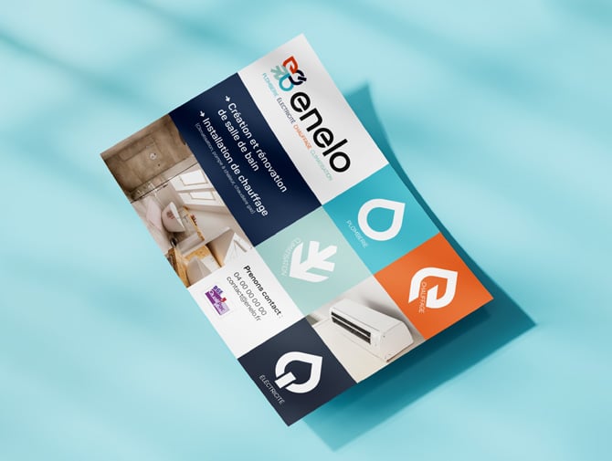 Flyer Enelo présentant les services de rénovation, chauffage, climatisation, plomberie et électricité.