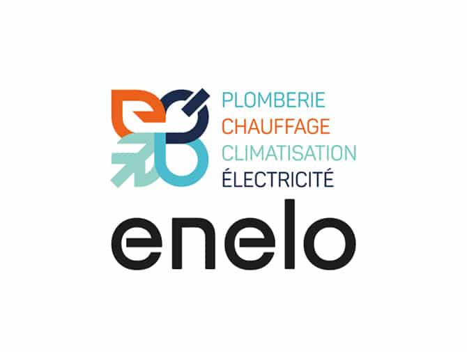 Logo Enelo regroupant les services de plomberie, chauffage, climatisation et électricité avec une identité graphique moderne.