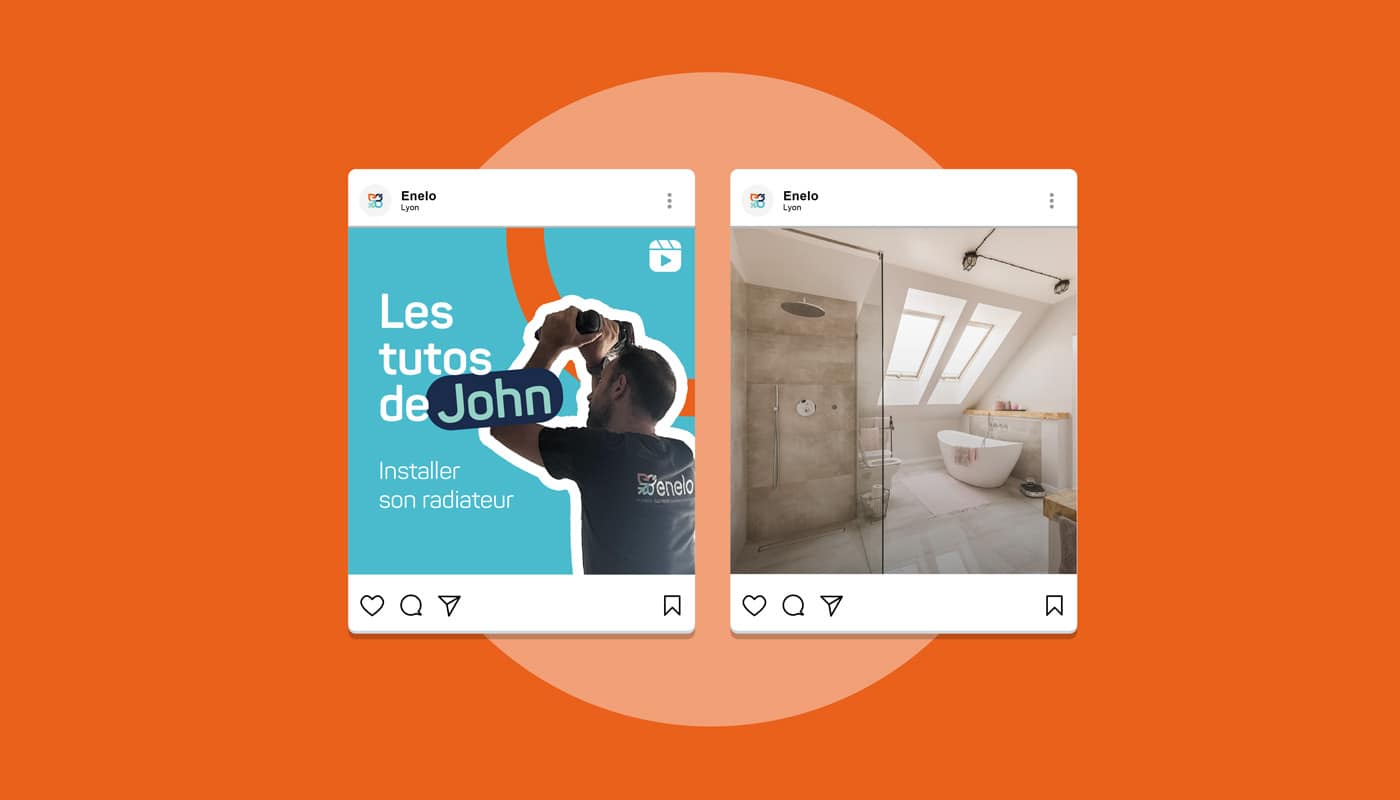 Publications Instagram Enelo présentant un tutoriel d’installation de radiateur et une salle de bain rénovée.